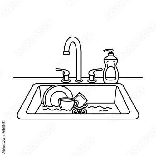 Kitchen Sink with Dirty Dishes and Dish Soap Bottle - Line Art Illustration