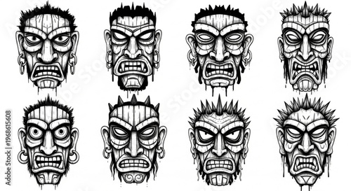 Urban Graffiti Totem Faces Vector Illustration Sheet in Black Ink Grunge Punk Street Art Style