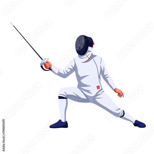 Fencer in action, holding foil, ready to attack, white uniform, mask, dynamic pose