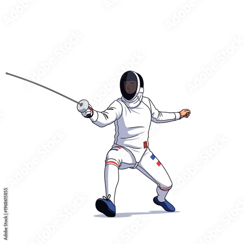 Fencer in action, lunging forward with foil, competitive sport, athletic training