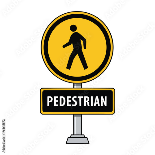Yellow and black round sign with walking figure above rectangular sign with text