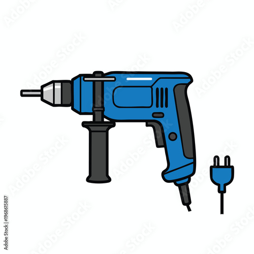 A blue, black, and gray corded drill with a side handle and detached plug