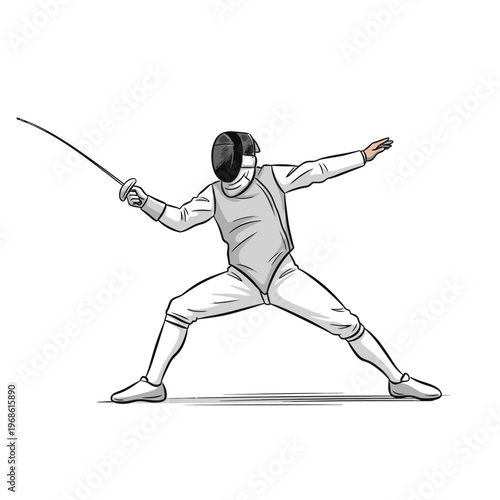 Fencer in action, lunging forward with foil, wearing protective gear, isolated on white background