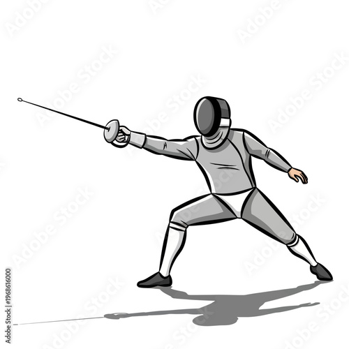 Fencer in action, lunging with sword, competitive sport illustration