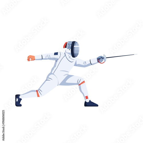 Fencer in action, lunging with sword, white uniform, athletic sport, competition, isolated