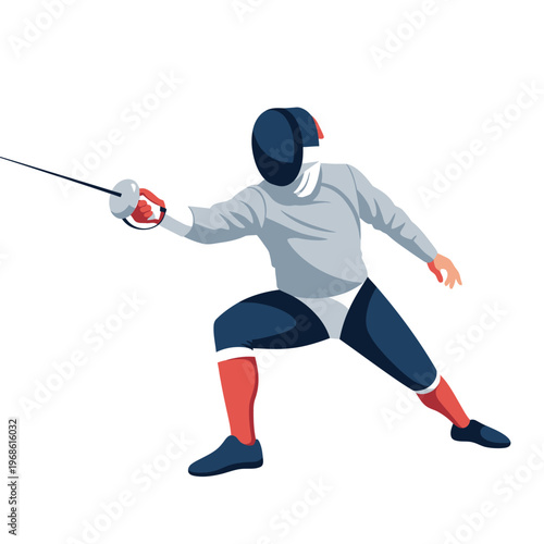 Fencer in action, striking pose with foil sword, protective gear, sport illustration