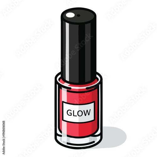 A red nail polish bottle with a black cap and a white label reading "GLOW