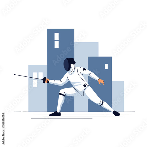 Fencer in action, urban backdrop, fencing sport illustration