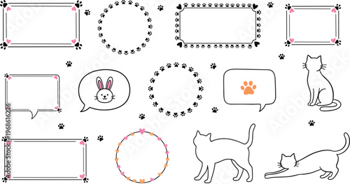Cute vector illustration of decorative frames, speech bubbles, cats, bunny, paw prints, and heart motifs