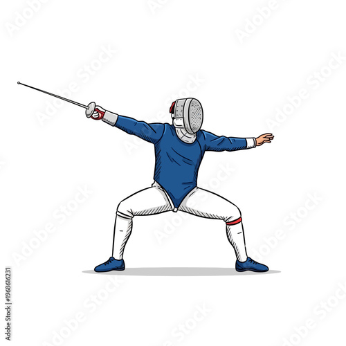 Fencer in blue uniform lunging with foil sword, dynamic sports illustration
