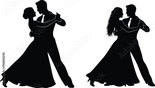 Silhouette of Two Couples Dancing, Elegant Ballroom Dance, Love and Romance Illustration