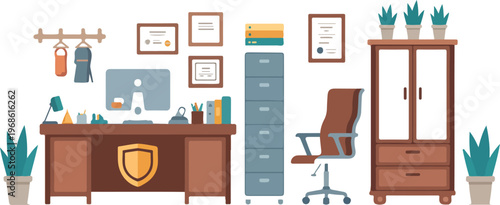 Detective office vector set with investigator workplace elements, police department interior, desk and evidence clue board cartoon collection