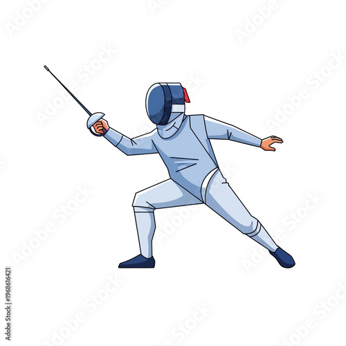 Fencer in protective gear with sword, ready for combat, dynamic pose, sport illustration