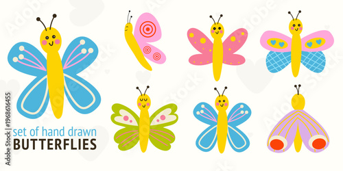 Butterfly set bright cute cartoon insects pack