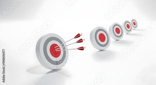 Three red arrows strike the bullseye of a target in a row, symbolizing consecutive business victories, precision, and perfection