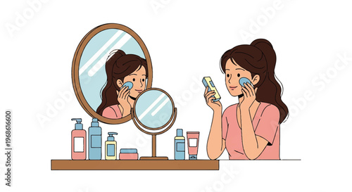 Vector flat design illustration of a young woman applying skincare products in front of a mirror with beauty bottles