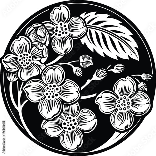 Black and white floral circle, dogwood flowers, botanical illustration, vector graphics