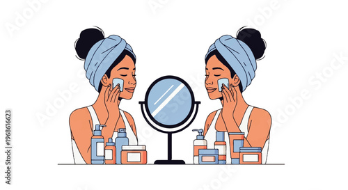 Vector flat design illustration of a woman performing a skincare routine with cotton pads and beauty products reflected