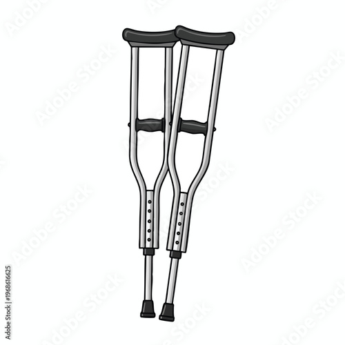 A pair of silver crutches with black handles and tips, isolated