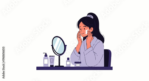 Vector flat design illustration of a woman applying facial cream with a cotton pad in front of a mirror