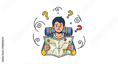 Confused Hiker Looking at a Map with Question Marks