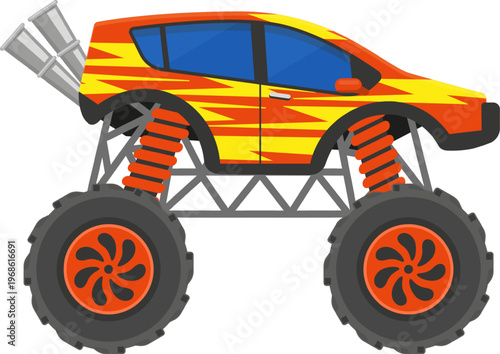 Monster truck vehicle with big wheels and exhaust pipes