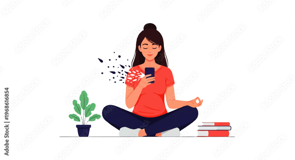 Εκτύπωση καμβά Vector flat design illustration of a woman meditating with a smartphone, symboli