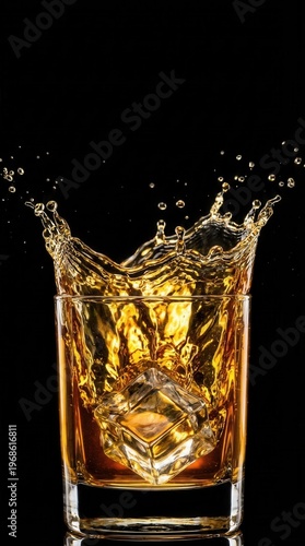 Dramatic splash of whiskey on the rocks in a clear glass against a dark background, capturing motion and elegance