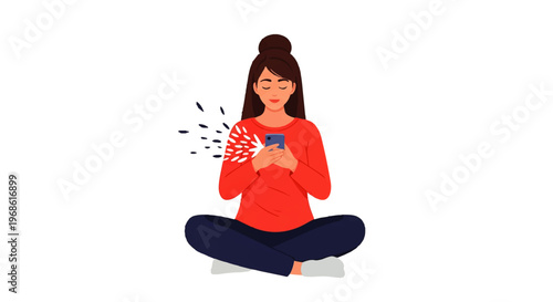 Vector flat design illustration of a woman meditating while using her smartphone, showing digital connection and focus