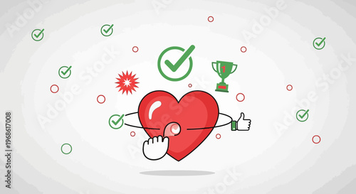 Heart Character Receiving a Thumbs Up and Trophy for Positive Feedback