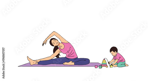 Vector flat design illustration of a mother doing yoga while her child plays with toys, promoting a healthy lifestyle