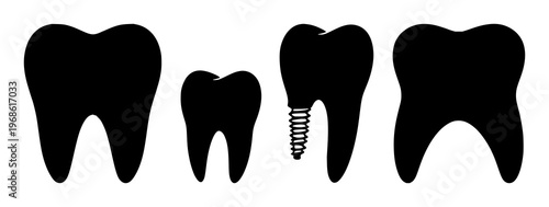 Dental implant tooth icon set with solid black shape on white background featuring dental implant, tooth, icon with vector and minimalist design