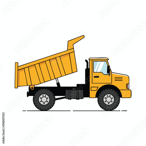 Yellow dump truck with raised bed, ready to unload materials