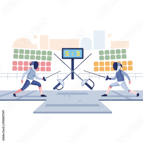 Fencing duel, two athletes competing with swords, scoreboard showing 5:3 score