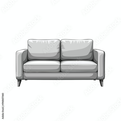 A minimalist gray two-seater sofa with plush cushions and tapered legs