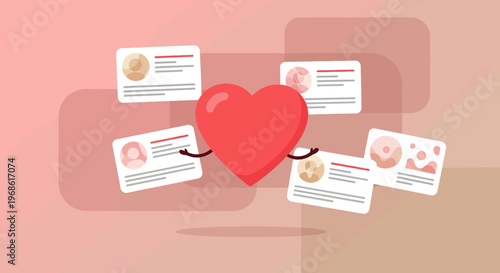 Heart Character Surrounded by Social Media Profile Cards - Love, Connection, Social Network