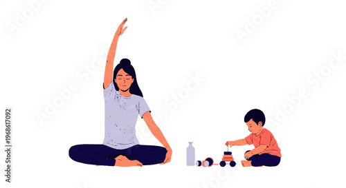 Vector flat design illustration of a mother meditating while her young child plays with toys nearby