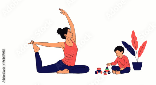 Vector flat design illustration of a mother practicing yoga while her child plays with toys, representing balance
