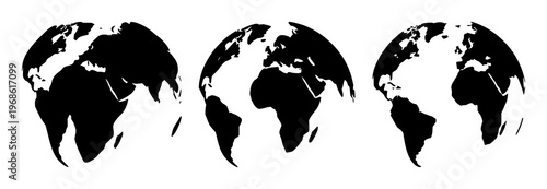Solid black icon, white background: worldwide shipping globe set with simple line art design featuring outline, illustration, graphic elements with clean design and vector art