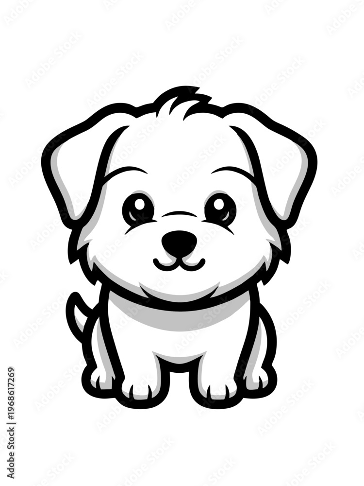 Naklejka premium Kawaii Puppy Cartoon Black and White Illustration