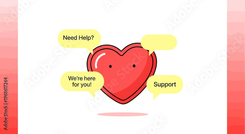 Heart Character with Speech Bubbles Offering Support and Help