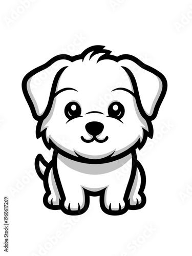 Kawaii Puppy Cartoon Black and White Illustration