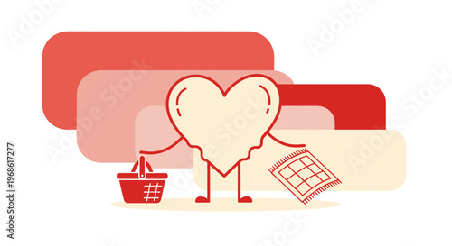 Heart Character with Shopping Basket and Coupon, Love Shopping Concept