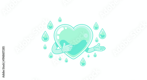 Heart Character With Water Droplets, Hydration Concept, Health Care