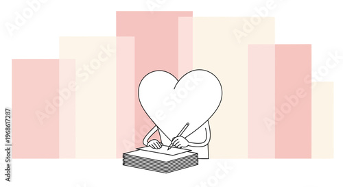 Heart Character Writing at Desk with Abstract Background
