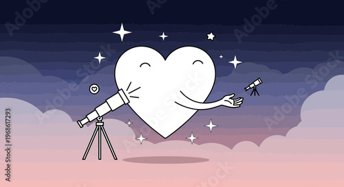 Heart Character with Telescope Exploring Stars and Clouds at Night