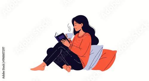 Vector flat design illustration of a young woman relaxing with a book and coffee on pillows, enjoying a peaceful moment