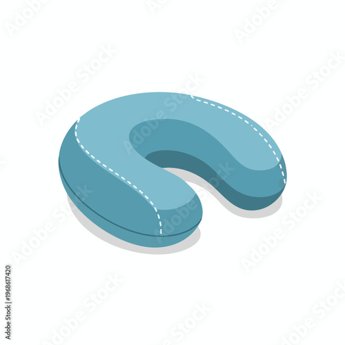 A teal horseshoe-shaped pillow with white dashed stitching