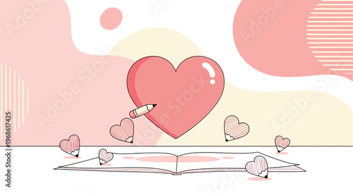 Heart Drawing Concept: Pencil Sketching a Large Pink Heart on Open Book
