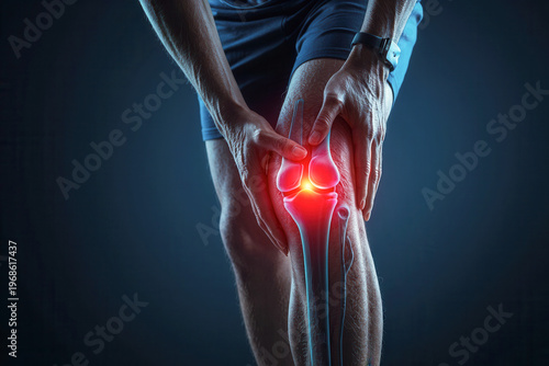 Knee pain x-ray image, person holding his knee on pain injury leg joint tendon with blue background